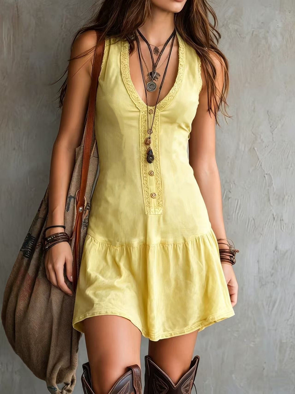 Women's Sleeveless U-Neck Lace Button A-Line Short Dress