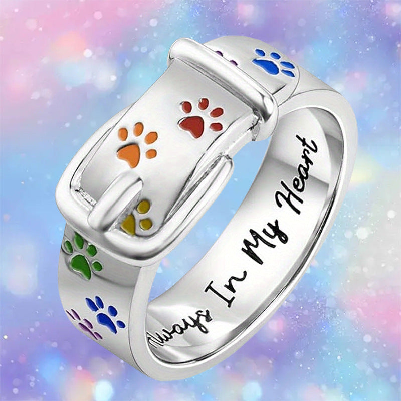 Silver-Tone Alloy Ring for Women with Rainbow Inlay and Dog Print