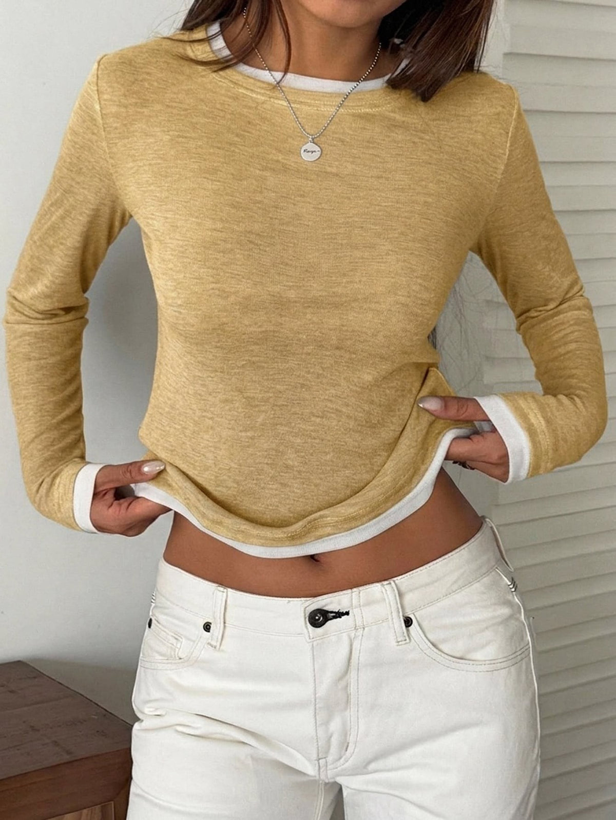 Women Color Block Fake Two Piece Long Sleeve Round Neck Slim Fit Cropped Top teemdrop