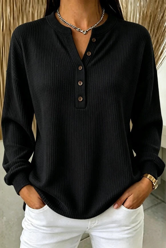 Women's Ribbed Knit Half-Button Henley Long Sleeve T-Shirt teemdrop