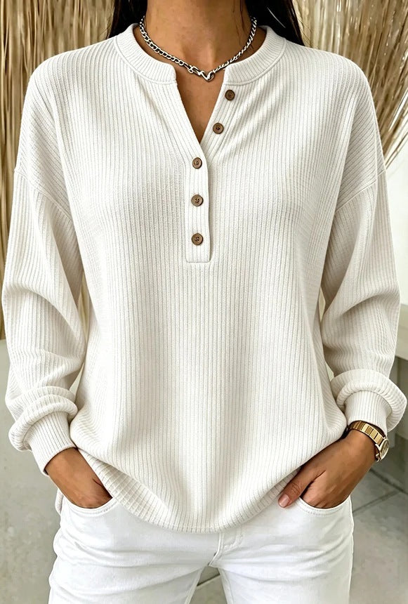 Women's Ribbed Knit Half-Button Henley Long Sleeve T-Shirt teemdrop