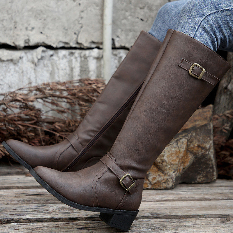 Women's Chunky Heel High Tube Boots with Square Buckle and Side Zipper teemdrop