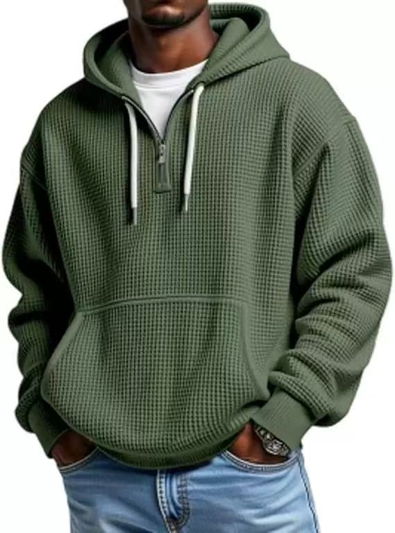 Men?s Heavyweight Waffle Knit Zip-Up Hooded Long Sleeve Loose Fit Casual Sweatshirt teemdrop