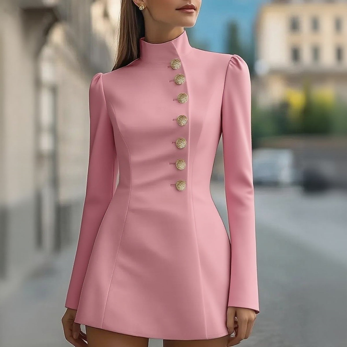 Elegant Slim-Fit Solid Color Stand Collar Single-Breasted Short-Sleeve Dress teemdrop