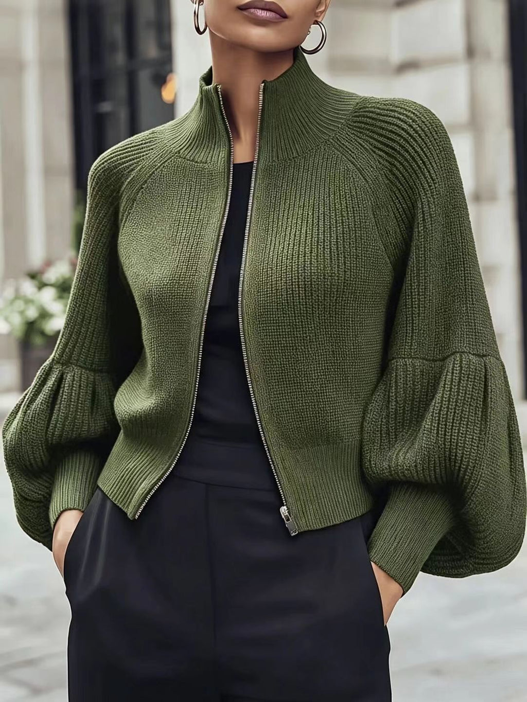 Women's Stand Collar Zip-Up Lantern Sleeve Textured Knit Sweater teemdrop