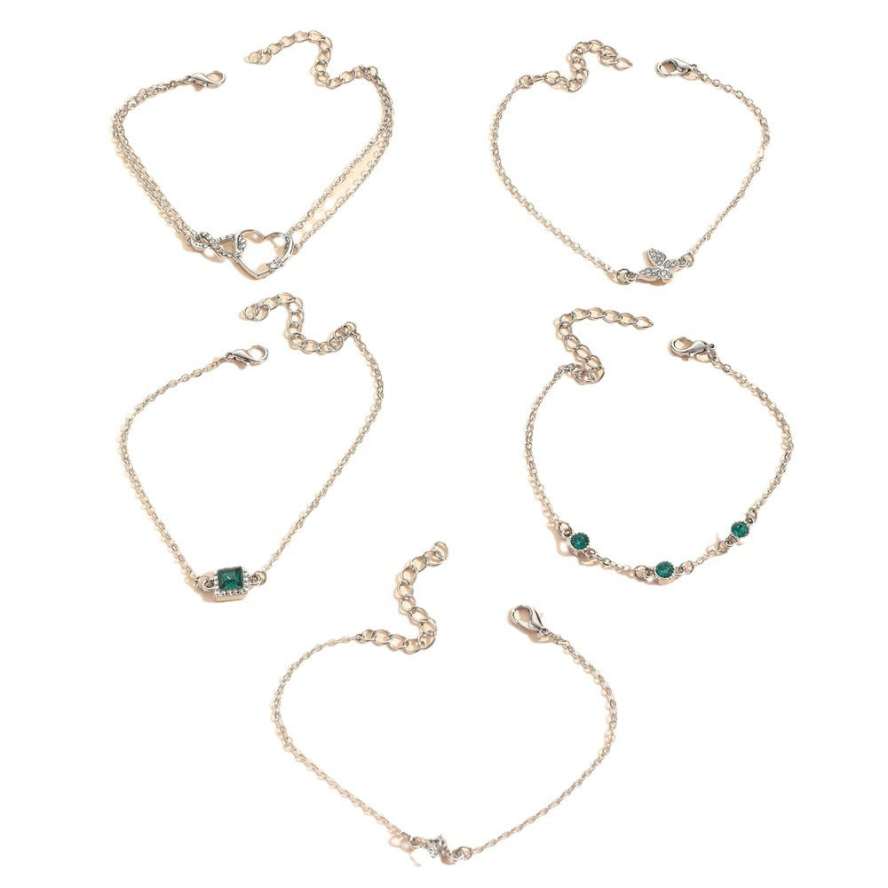 Vintage Style 5-Piece Set Green Diamond Butterfly Love Alloy Bracelet