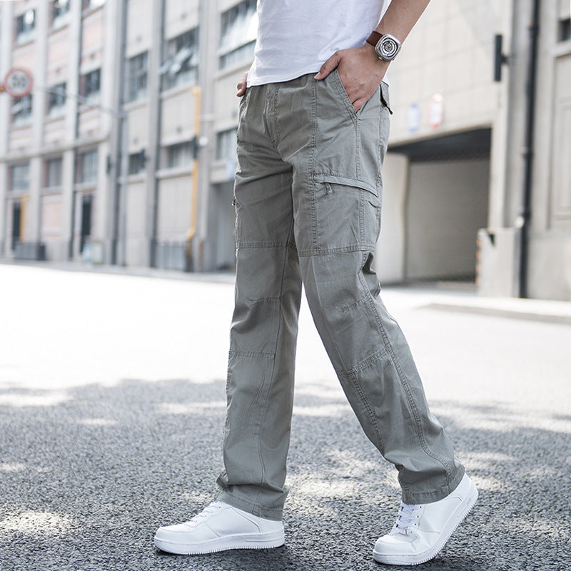 Men Pure Cotton Loose Fit Multi-Pocket Cargo Pants Breathable Straight Leg Casual Trousers teemdrop