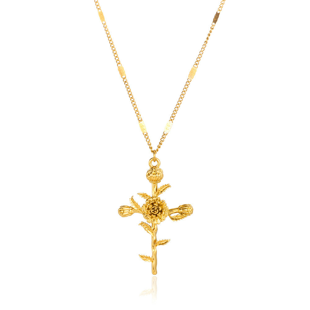 Gold Plated 3D Flower Cross Neckla teemdrop