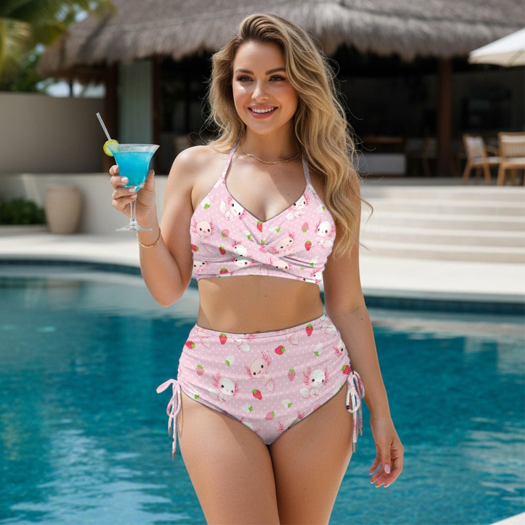 Women Sexy Animal Print High-Waist Drawstring Two-Piece Bikini Swimsuit teemdrop