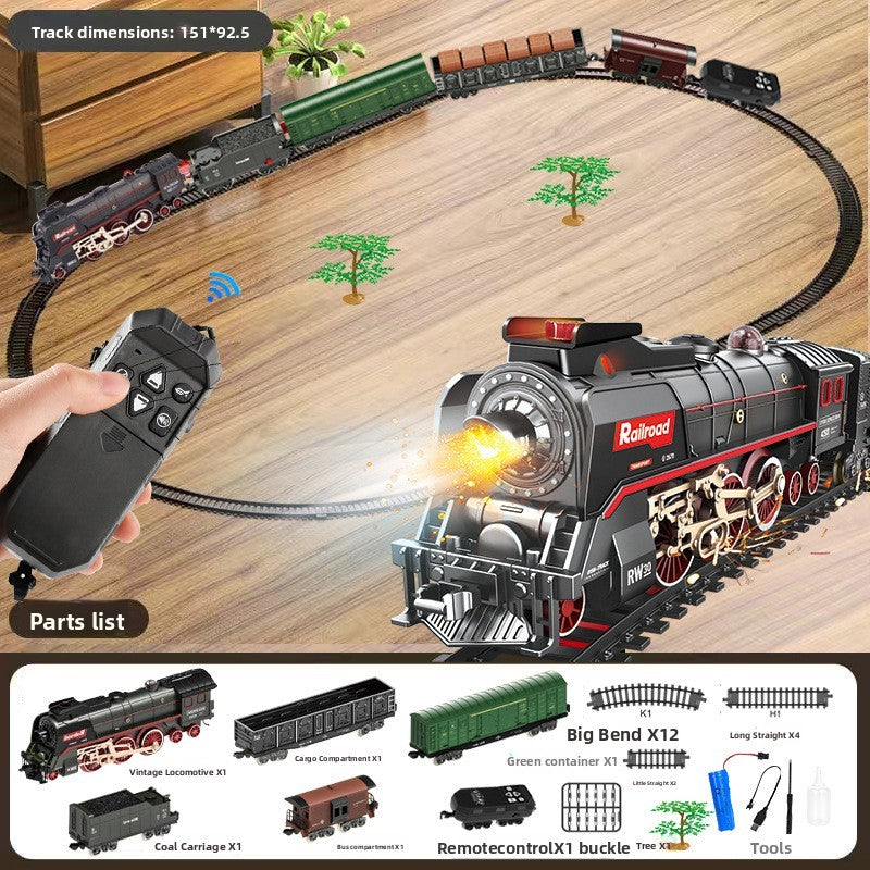 Retro Steam Train Toy Model with Remote Control Light Sound and DIY Track Set