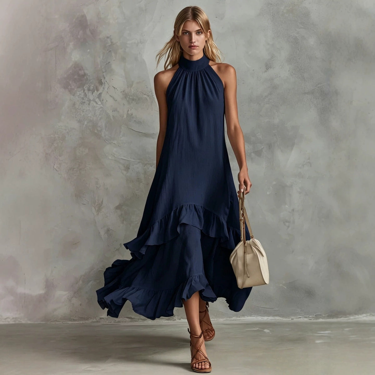 Women's Sleeveless Halter Ruffle Hem Mid-Length Summer Dress teemdrop