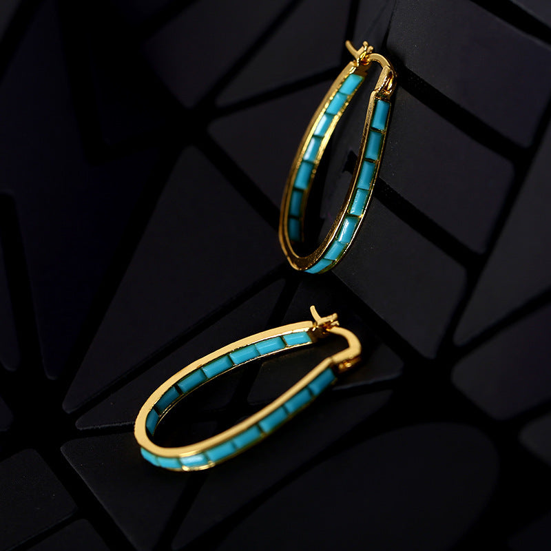 Electroplated Gold Geometric Sapphire Stone Large Earrings