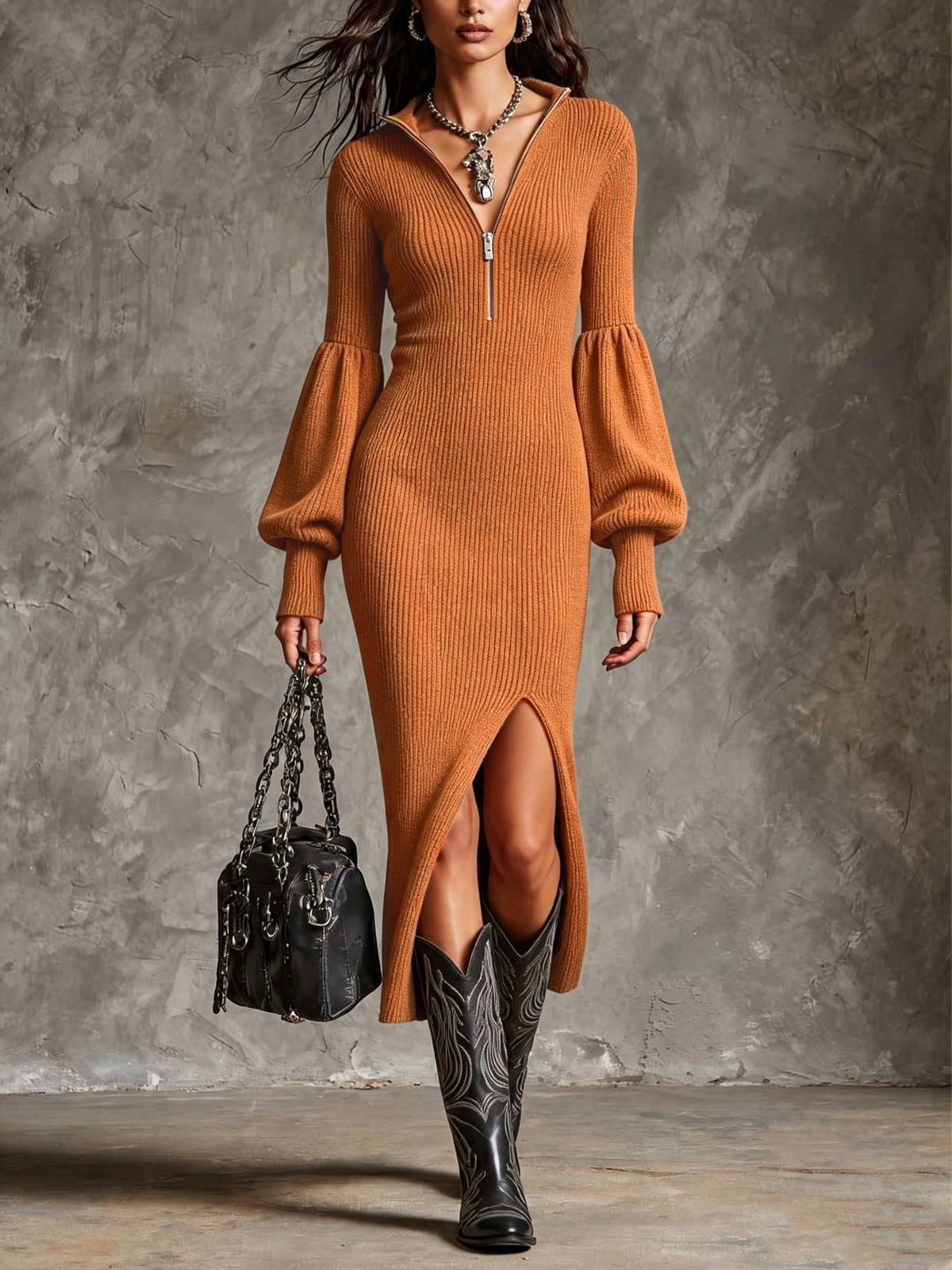 Womens Stand Collar Lantern Sleeve Knit Dress