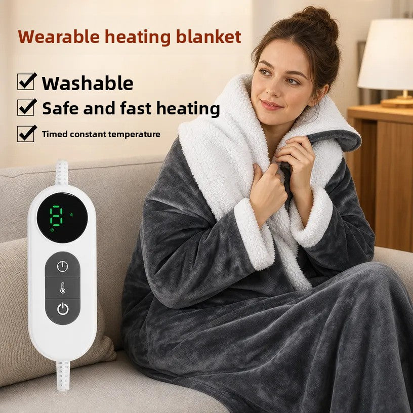 Wearable Electric Heating Shawl with Sleeves Hood and Foot Pockets Washable Flannel