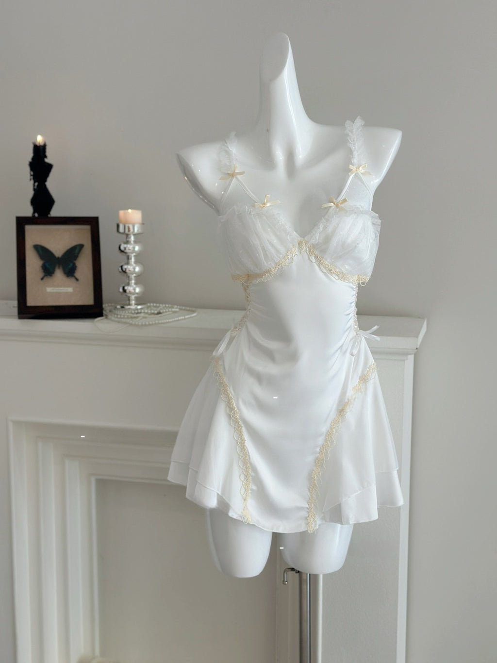 Women's Sexy Backless Mesh Lace Nightgown and Robe Set with Chest Pads teemdrop