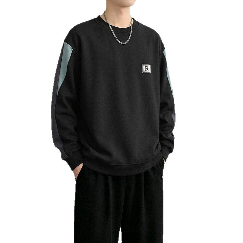 Men's Casual Patchwork Letter Embroidery Round Neck Loose Pullover Sweatshirt