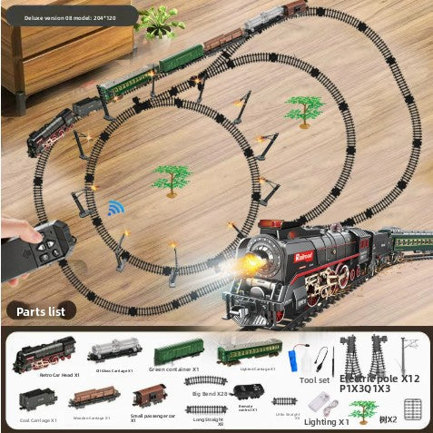 Retro Steam Train Toy Model with Remote Control Light Sound and DIY Track Set