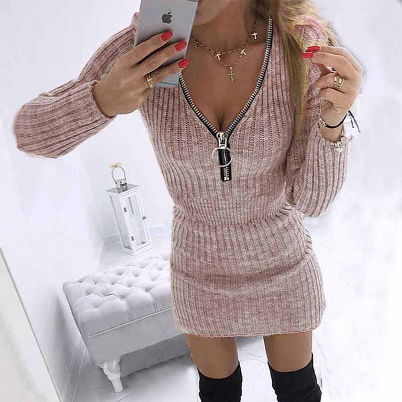 Women's Zipper Long Sleeve Knitted Pencil Mini Dress teemdrop