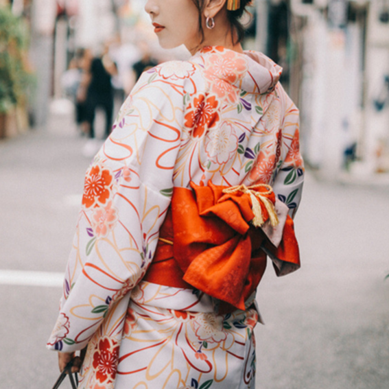 Womens Traditional Retro Japanese Camellia Print Kimono Dress with Girdle and Fan Headdress Set teemdrop