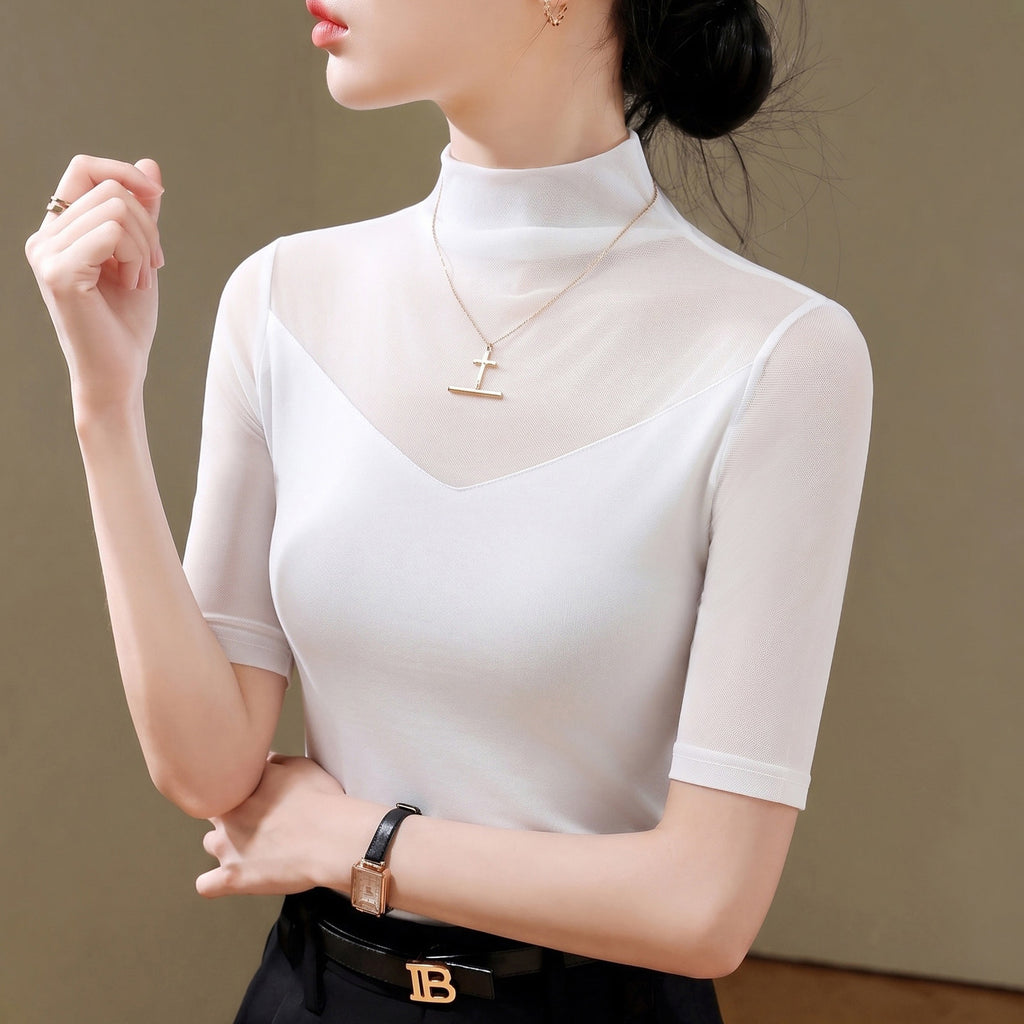 Women's Nylon Mesh Mid-Sleeve Half-High Collar Slim Fit T-Shirt teemdrop