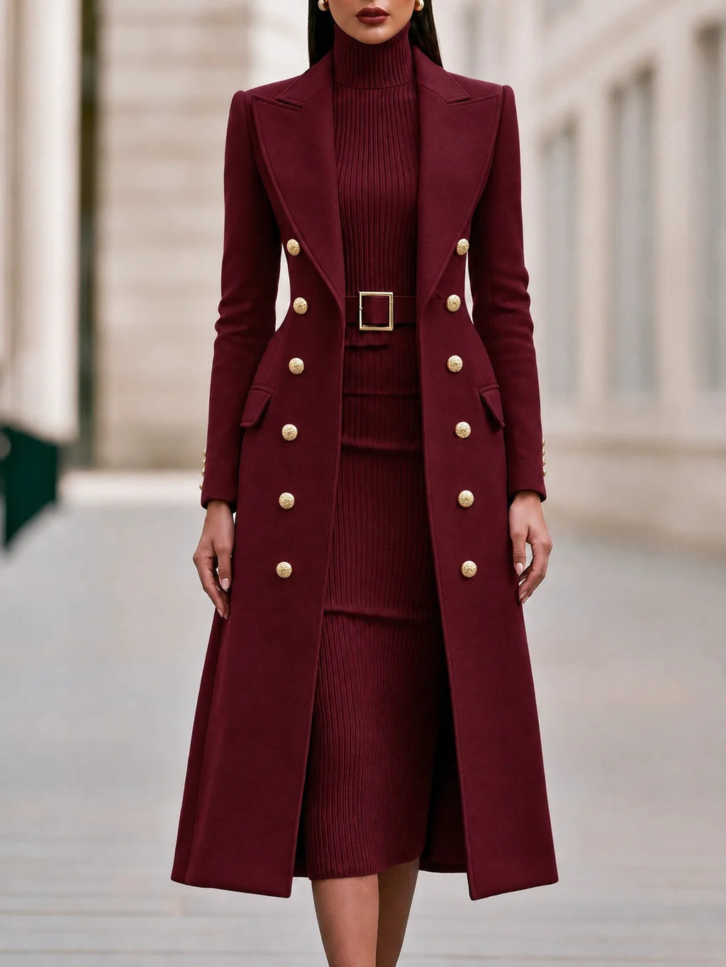 Women's Double-Breasted Woolen Coat and Knitted Dress Two-Piece Set teemdrop