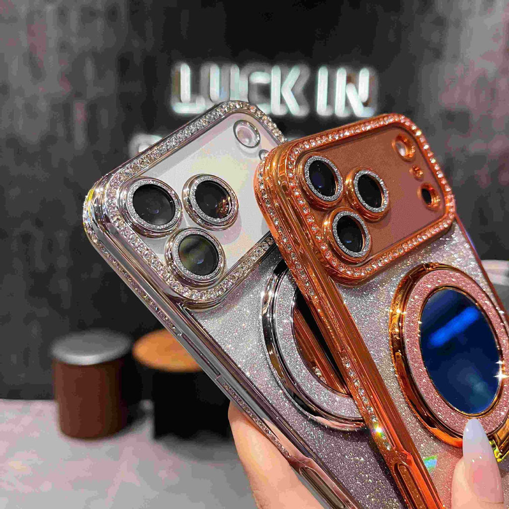 Glitter Magnetic Stand Mirror Phone Case for iPhone 11 12 13 14 15 16 17 18 Pro Max Plus teemdrop