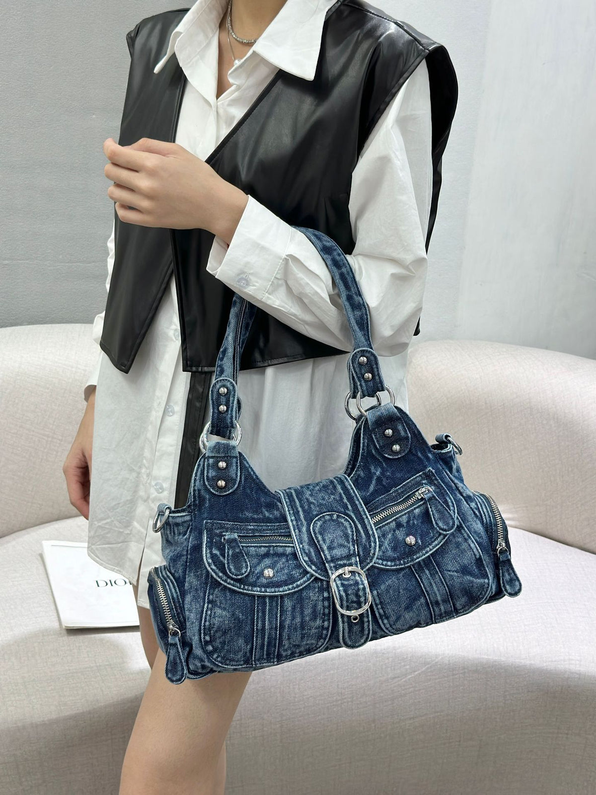 Vintage Washed Denim Underarm Crossbody Bag Large Capacity Tote teemdrop