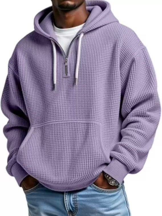 Mens Heavyweight Full-Zip Waffle Hooded Sweatshirt Long Sleeve Solid Color Casual Jacket teemdrop