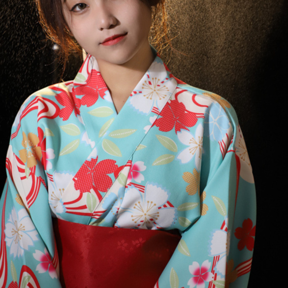 Womens Traditional Retro Japanese Camellia Print Kimono Dress with Girdle and Fan Headdress Set teemdrop