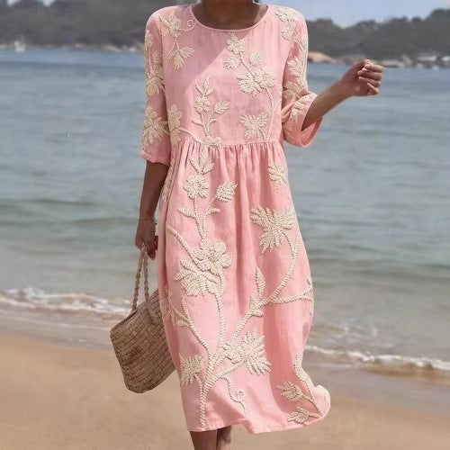 Women's floral print long-sleeved round-neck dress teemdrop