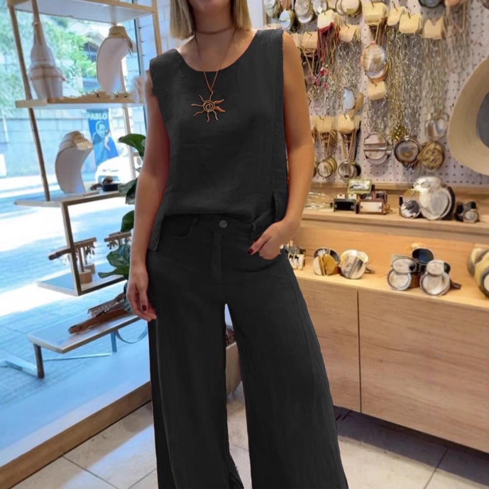 Women's Summer Cotton Linen Solid Color Sleeveless Two-Piece Pantsuit Set teemdrop