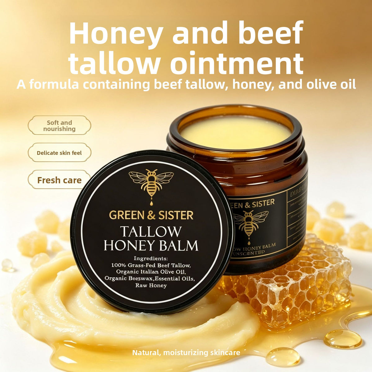 Grass-Fed Beef Tallow and Honey Moisturizing Skin Balm Cream