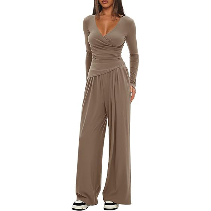 Women's Solid Color Knit V-Neck Long Sleeve Top and Wide Leg Pants Two-Piece Set teemdrop