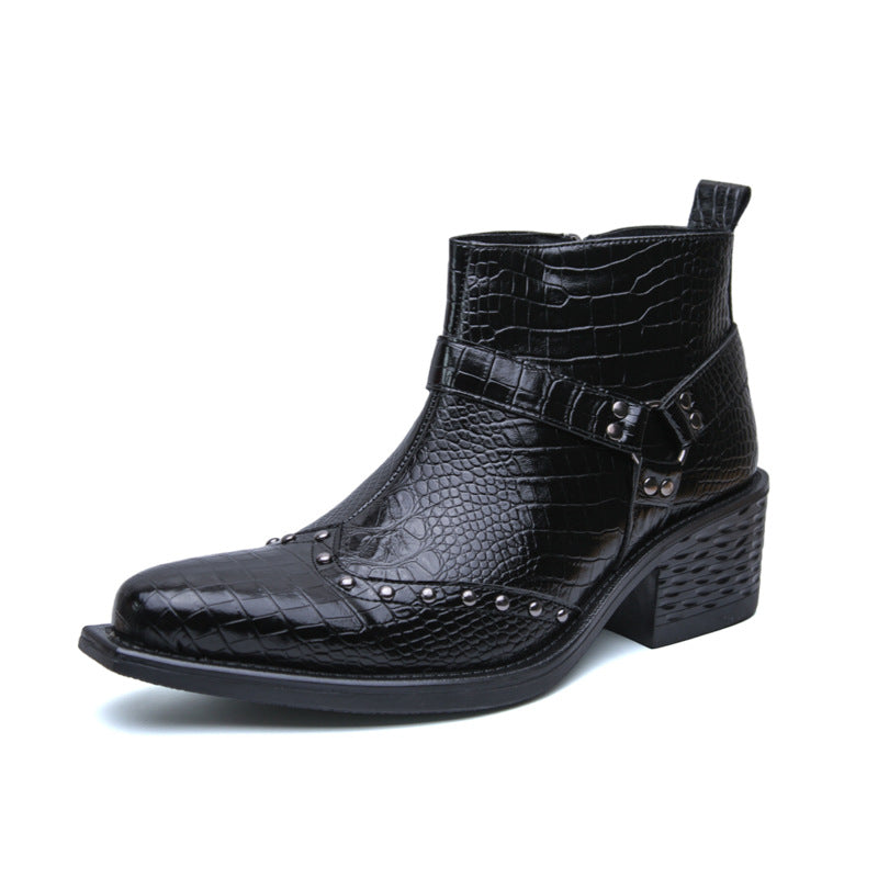 Men's Pointed Toe Leather Boots with Side Zipper and Wedge Heel teemdrop