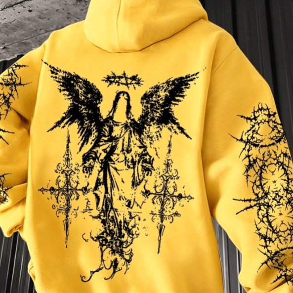 Gothic-style angel-print hoodie teemdrop