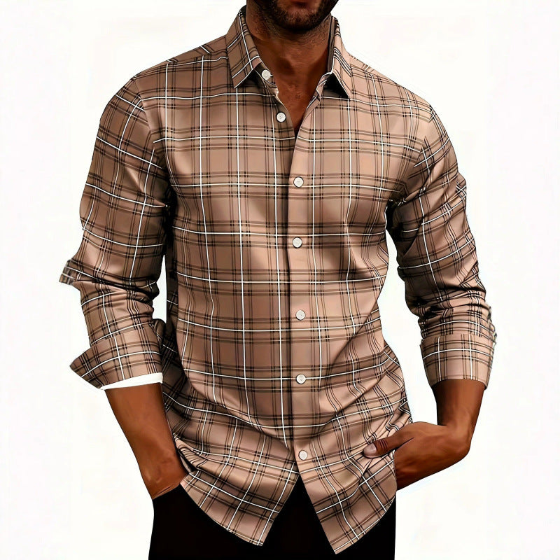 Men's American Retro Plaid Long Sleeve Shirt Casual Lapel Fitted Cardigan teemdrop