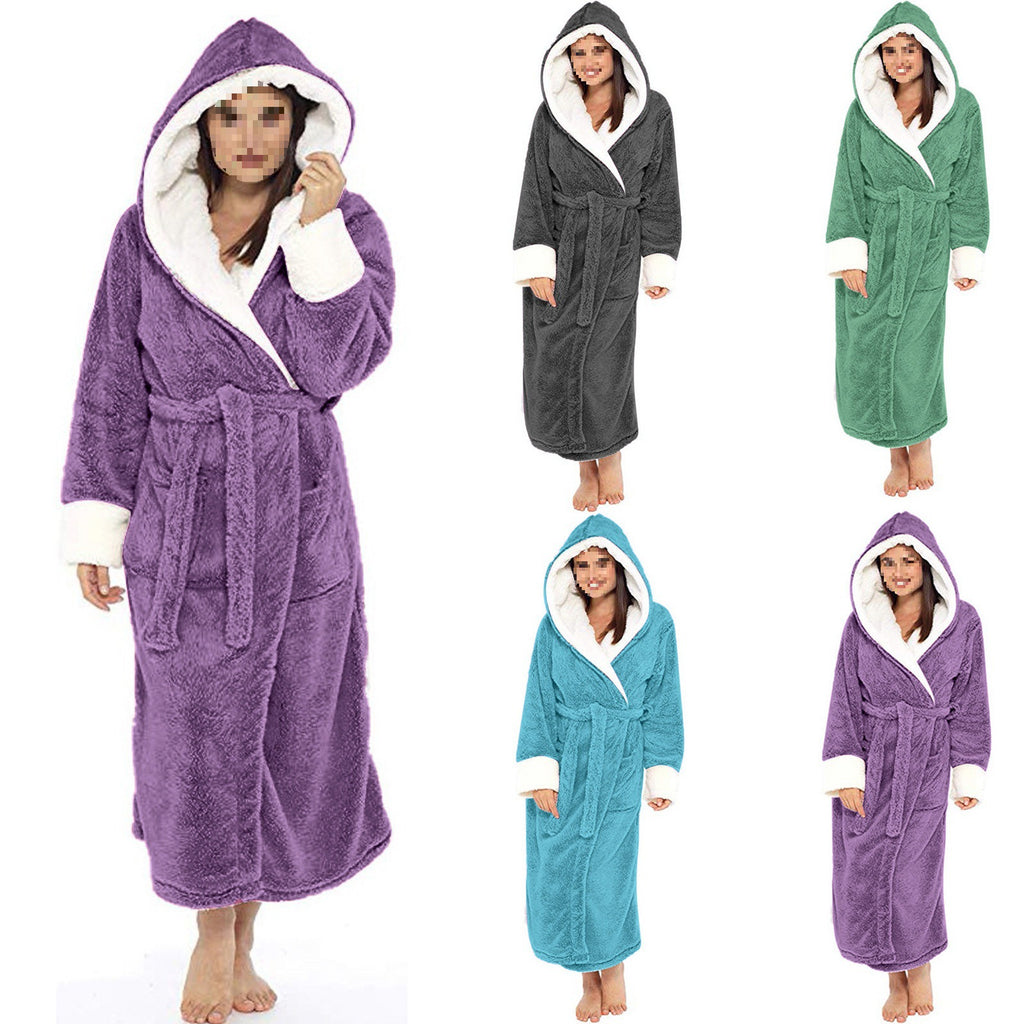 Women's Long Silver Fox Velvet Bathrobe with Belt Thick Winter Home Lounge Robe teemdrop