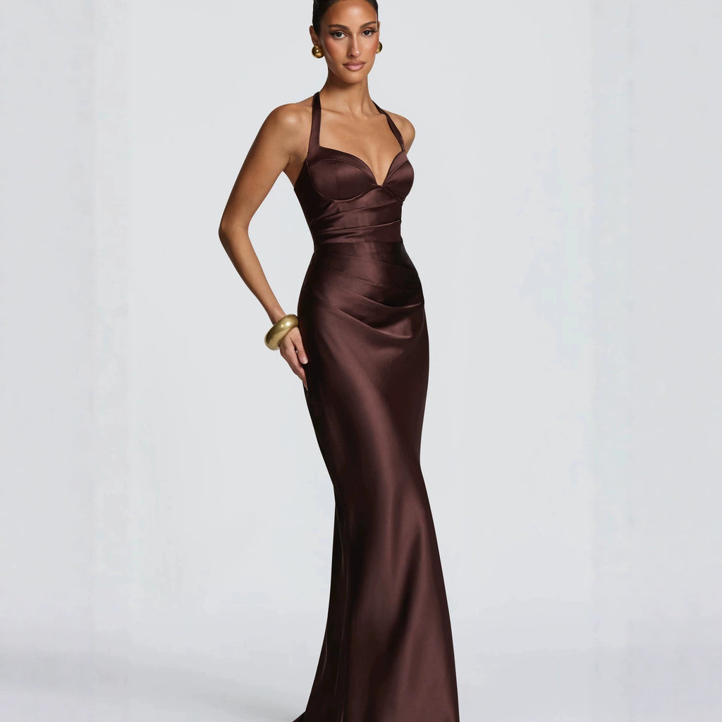 Fashion Elegant Satin Halter Neck Ribbon Backless Cross-Tie Floor-Length Fishtail Gown Dress teemdrop