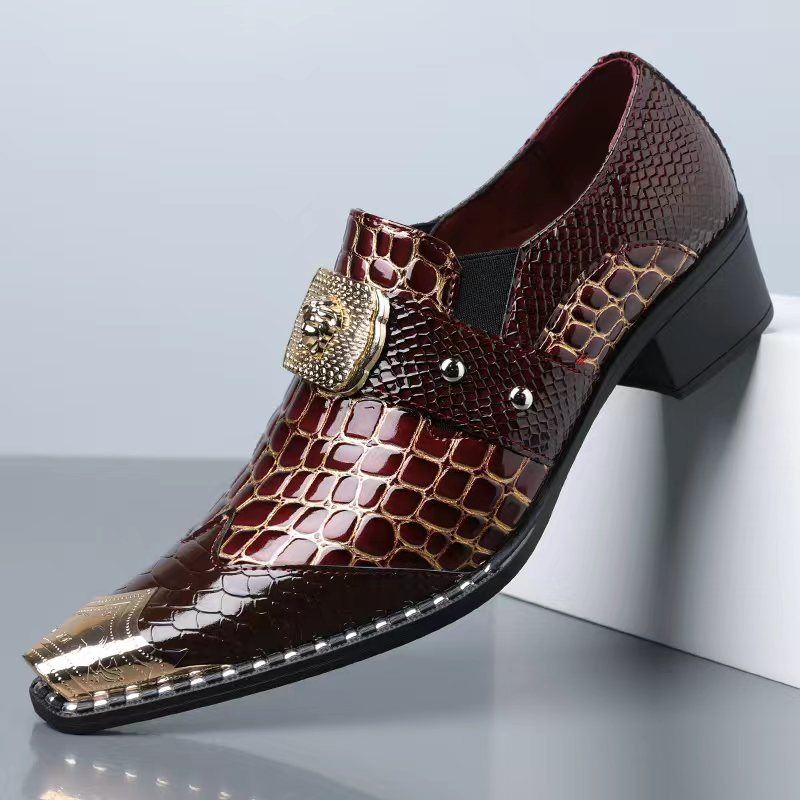 Men's Chunky Heel Pointed Toe Slip-on PU Leather Loafers teemdrop