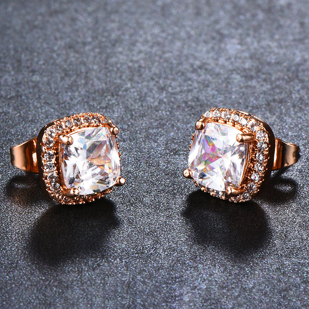 Geometric Full Diamond Zircon Earrings for Women Electroplated Copper Studs
