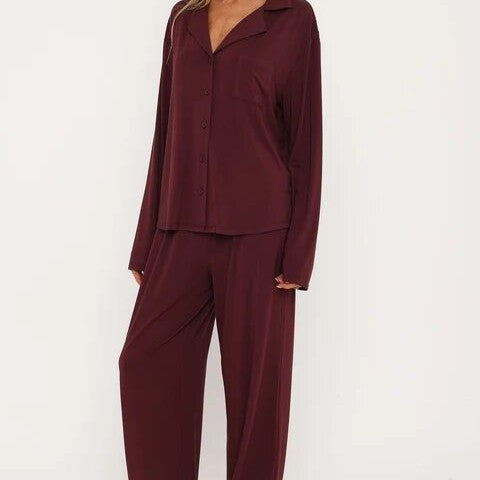 Women Modal Lapel Collar Long Sleeve Sleepwear Set teemdrop
