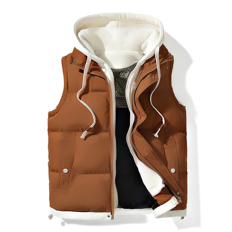 Mens Thick Hooded Vest Loose Fit Padded Sleeveless Jacket with Pockets