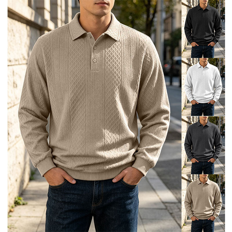 Men's Jacquard Knit Polo Sweatshirt Long Sleeve Turn-Down Collar Loose Fit Top teemdrop