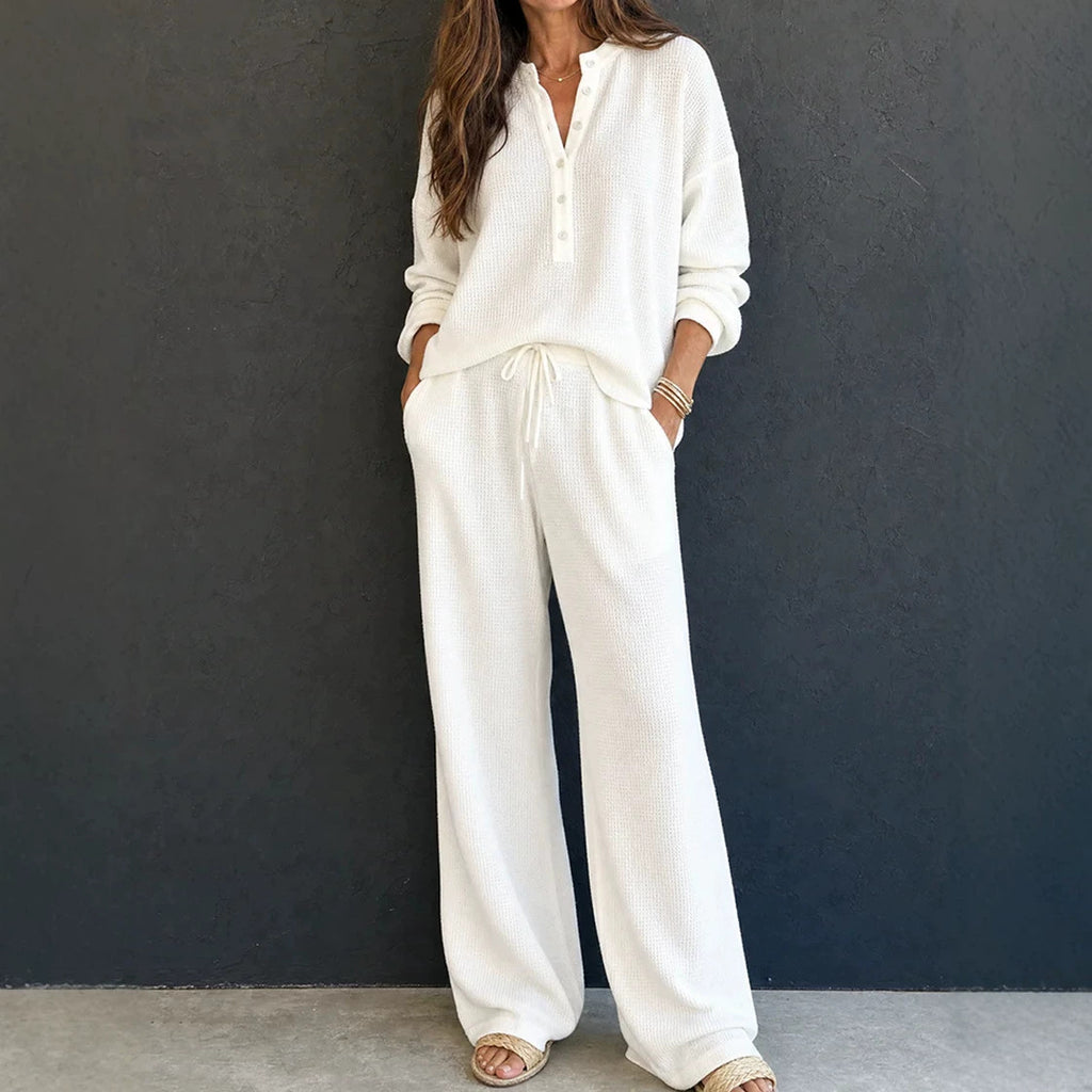 Women's Solid Color Knit Rib Top Straight Pants Set teemdrop