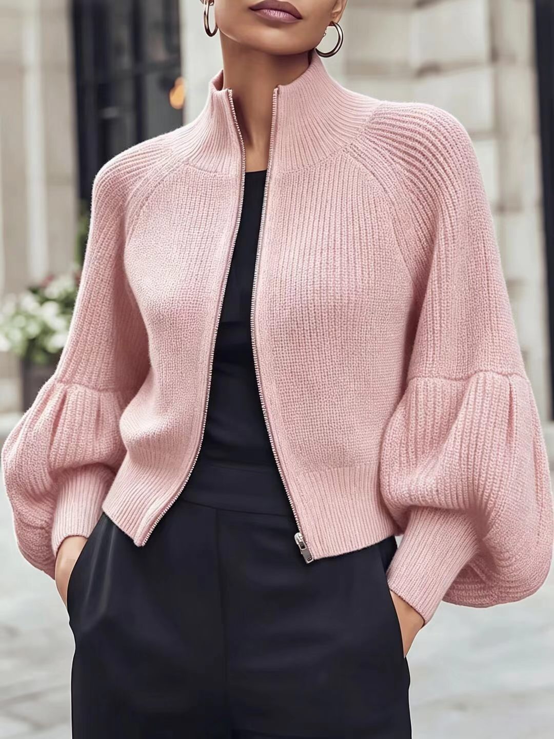 Women's Stand Collar Zip-Up Lantern Sleeve Textured Knit Sweater teemdrop