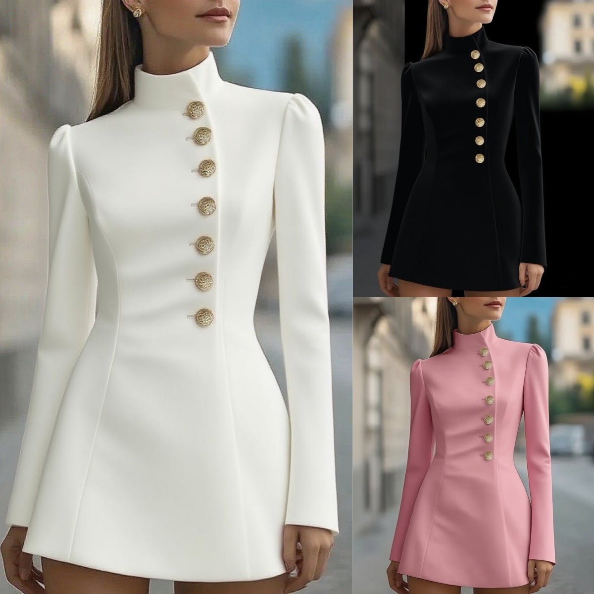 Elegant Slim-Fit Solid Color Stand Collar Single-Breasted Short-Sleeve Dress teemdrop