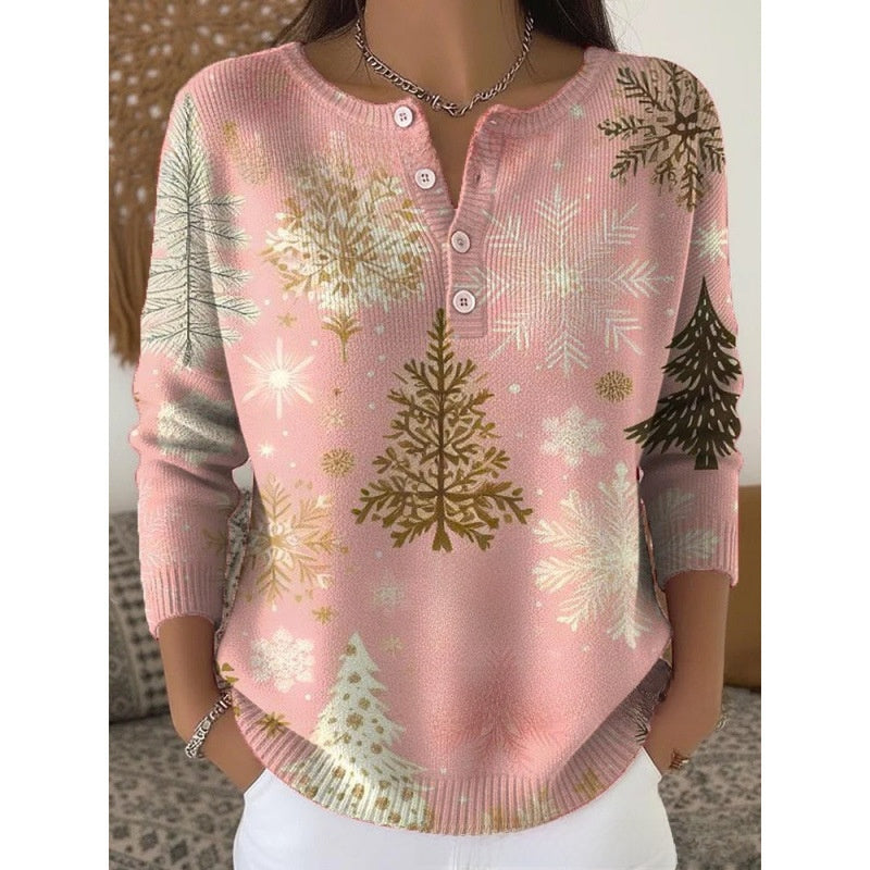 Women Retro Christmas 3D Print Four-Button Stand-Up Collar Long Sleeve T-Shirt teemdrop