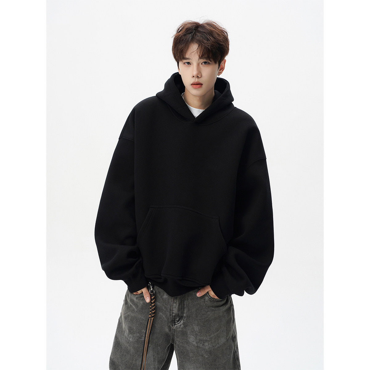 Men Heavyweight 400g Pure Cotton Double Layer Hooded Sweatshirt Loose Fit Solid Color teemdrop