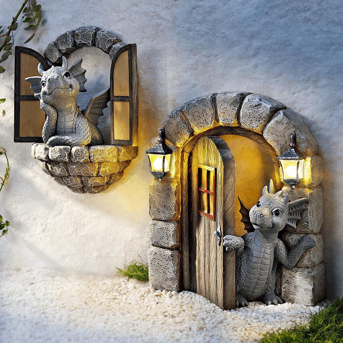 Resin Dinosaur Dragon Figurine Window Door Garden Decoration Ornament teemdrop