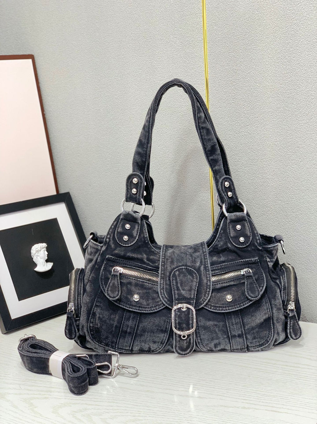Vintage Washed Denim Underarm Crossbody Bag Large Capacity Tote teemdrop